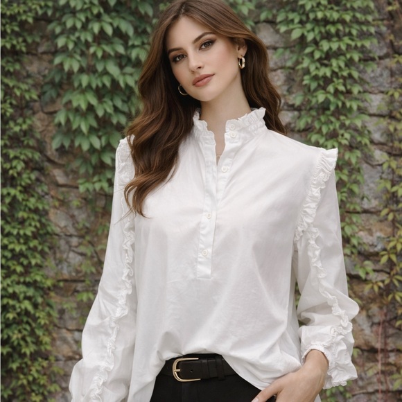 J. Crew Tops - J. CREW White Cotton Ruffled Half Placket Blouse, M